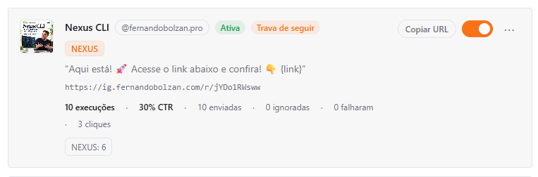 Print da campanha Nexus no OpenReply com trava de seguir e métricas