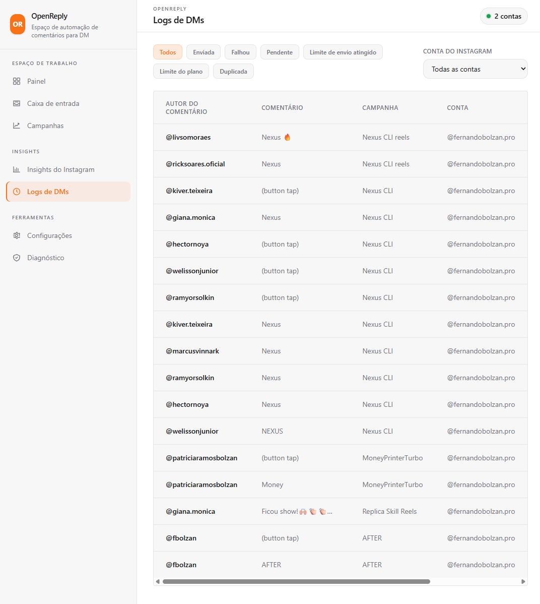 Logs em tempo real de seguidores comentando e recebendo mensagens na DM