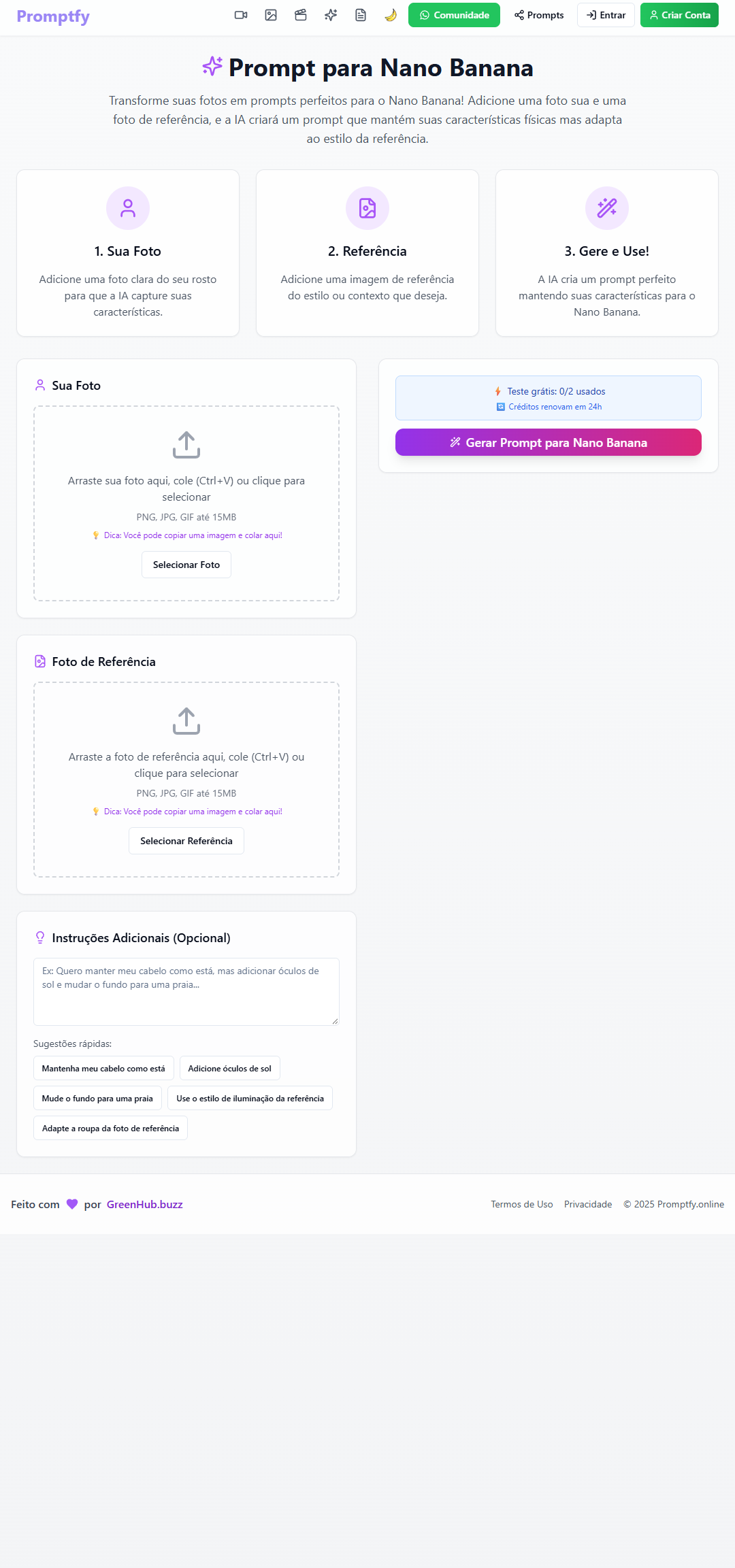 Tela oficial do Promptfy mostrando upload de foto e referência para o Nano Banana